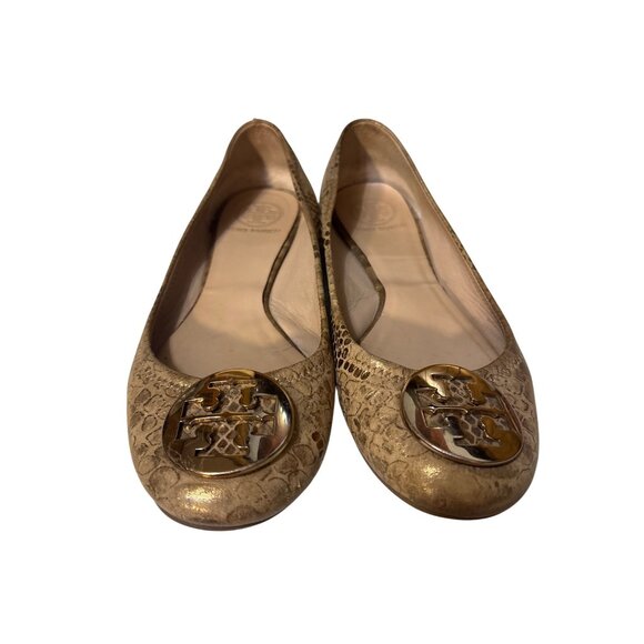 Tory Burch Gold Snake-Embossed Leather Ballet Flats Womens Size 7 - Picture 1 of 8